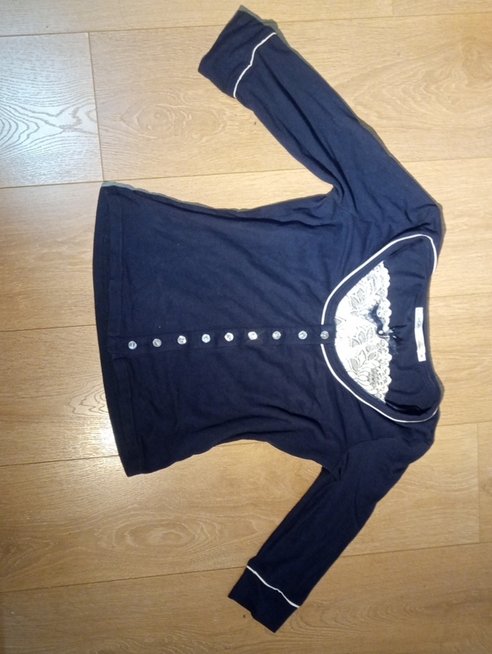 Navy Knit Top with White Lace Trim and Bow Accent